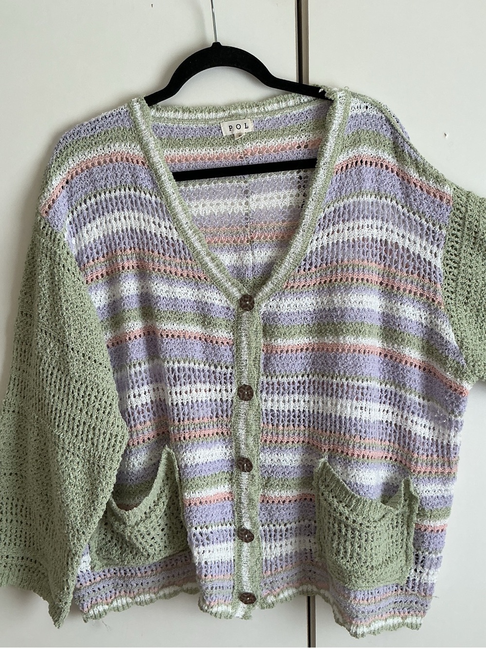 POL Pastel Striped Crochet Cardigan in Sage Green and Lilac